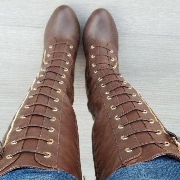 Brown Quilt Knee High Platform Boots - Picture 2 of 11